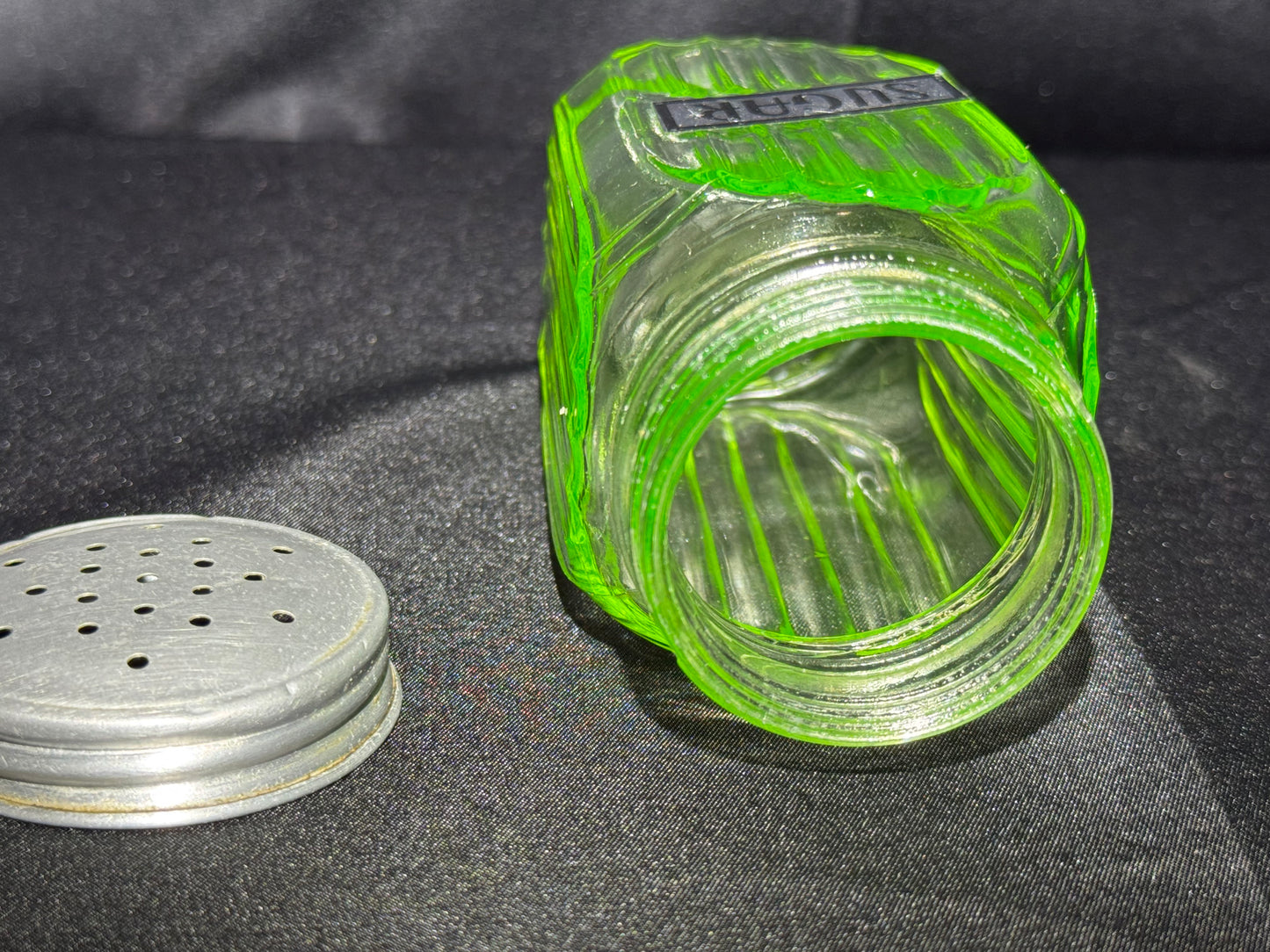 Vintage Anchor Hocking Uranium Glass SUGAR Shaker Ribbed Hoosier Jar w/ Metal Lid