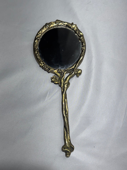 Vintage Pewter Handheld Vanity Mirror – Ornate Art Nouveau Style Tree Branch & Floral Design – Approx. 8”