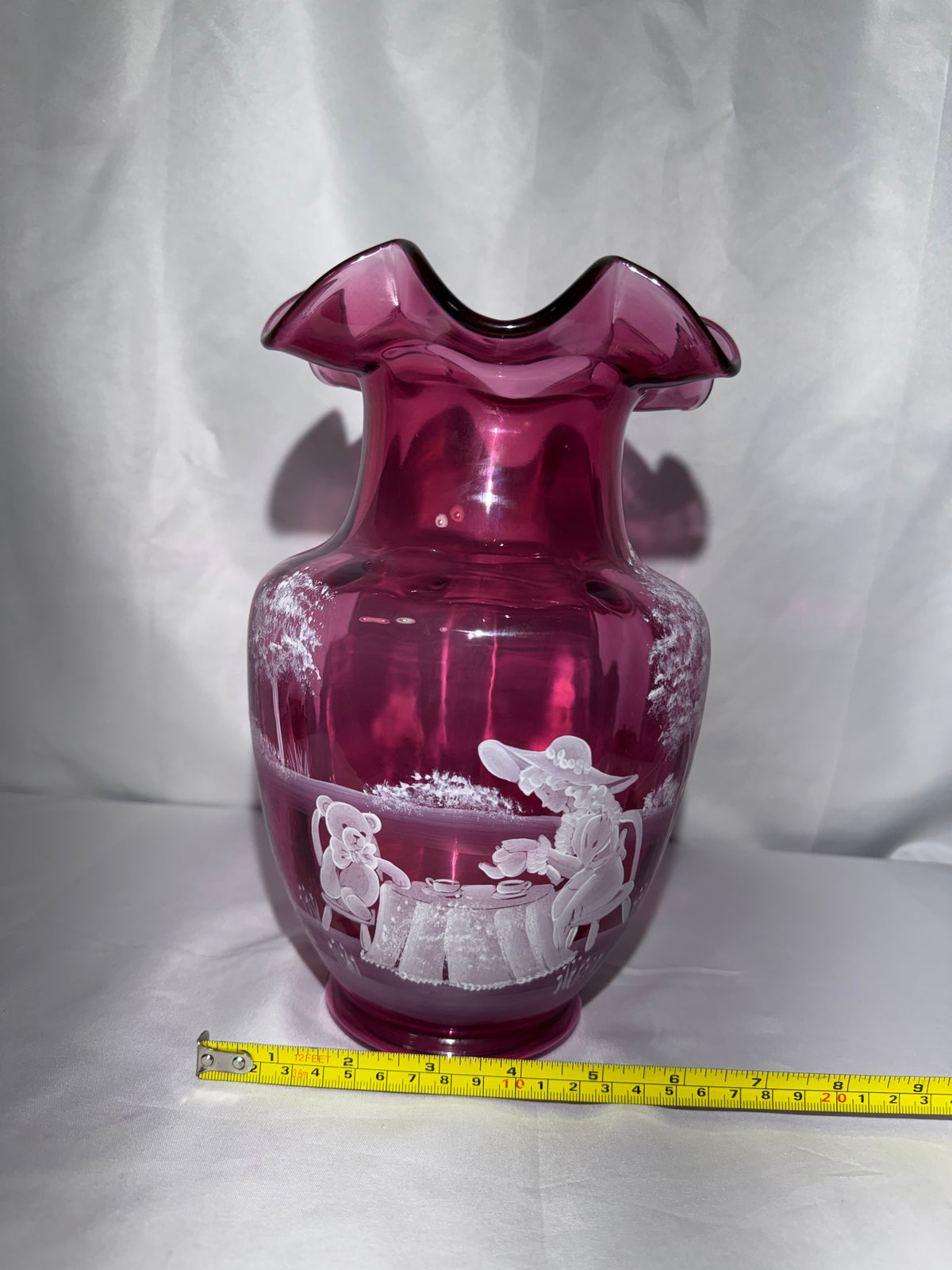 Fenton Cranberry Glass Mary Gregory-Style Hand-Painted Tea Party Ruffled Rim 10” Vase – Limited Edition #1783/2350