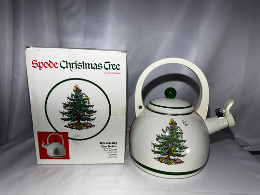 Spode Christmas Tree Enamel on Steel Whistling Tea Kettle 2.2 Qt w/ Original Box Holiday