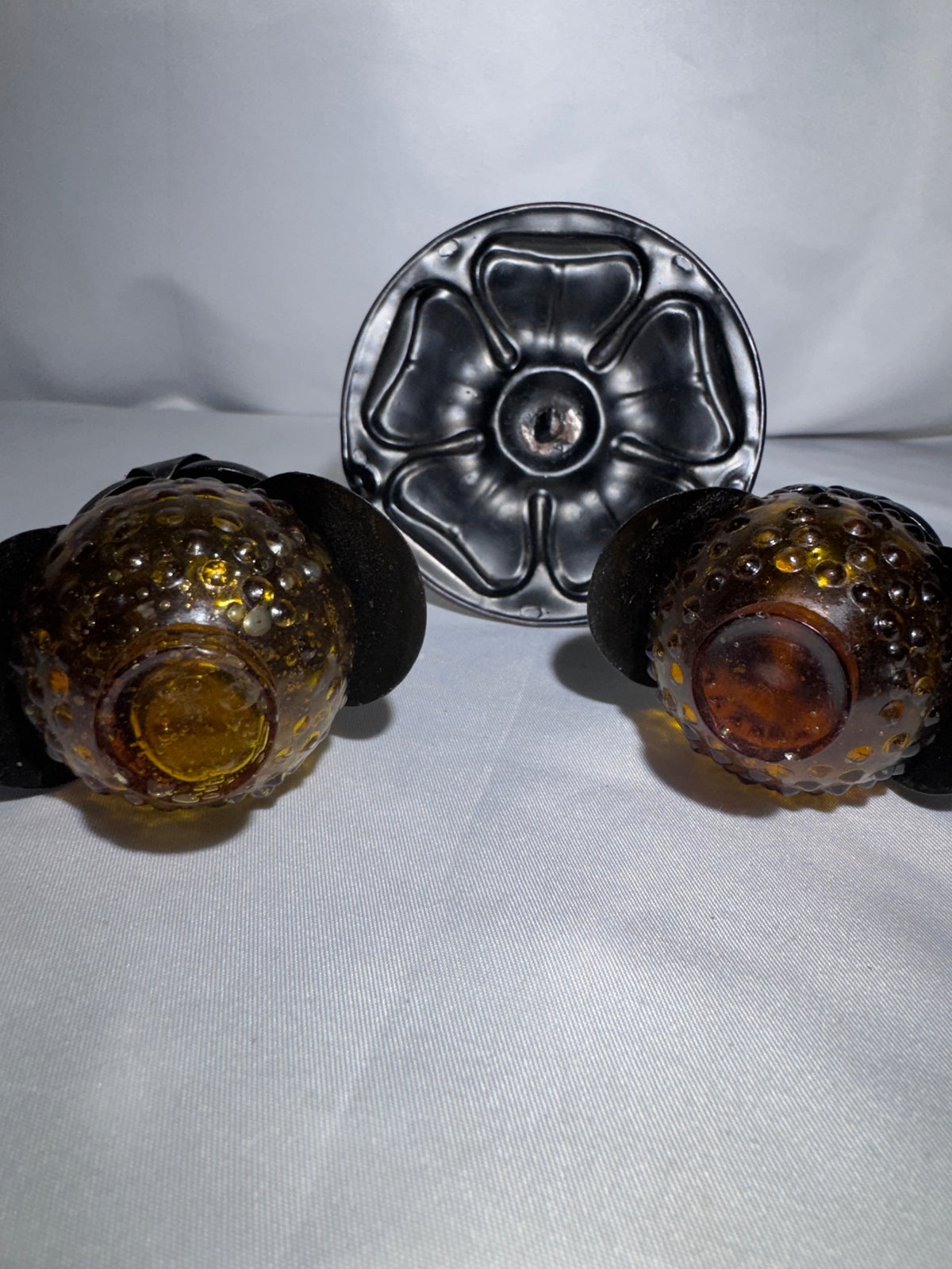 Vintage 1970s Amber Hobnail Glass Owl Salt & Pepper Shakers w/ Metal Tree Stand