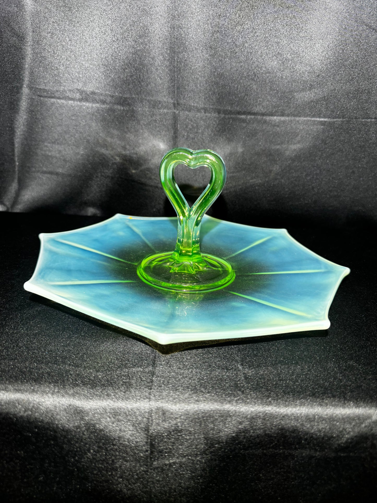 Vintage Uranium Glass Tidbit 12” Tray Heart Handle Bon Bon Dish UV Glow