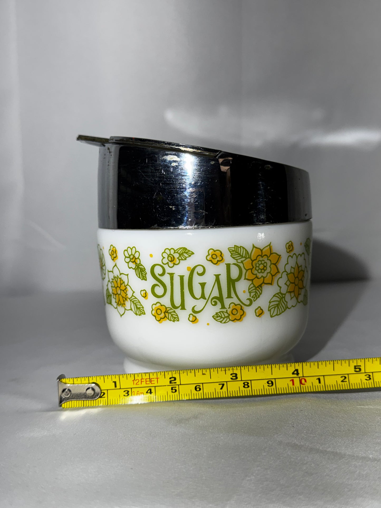 Vintage Gemco Spring Blossom Crazy Daisy Milk Glass Sugar Dispenser Chrome Lid USA