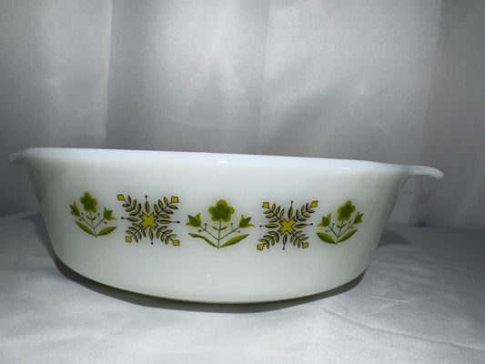 Vintage Anchor Hocking Fire-King Green Meadow 2 Qt Casserole Dish #438 Milk Glass