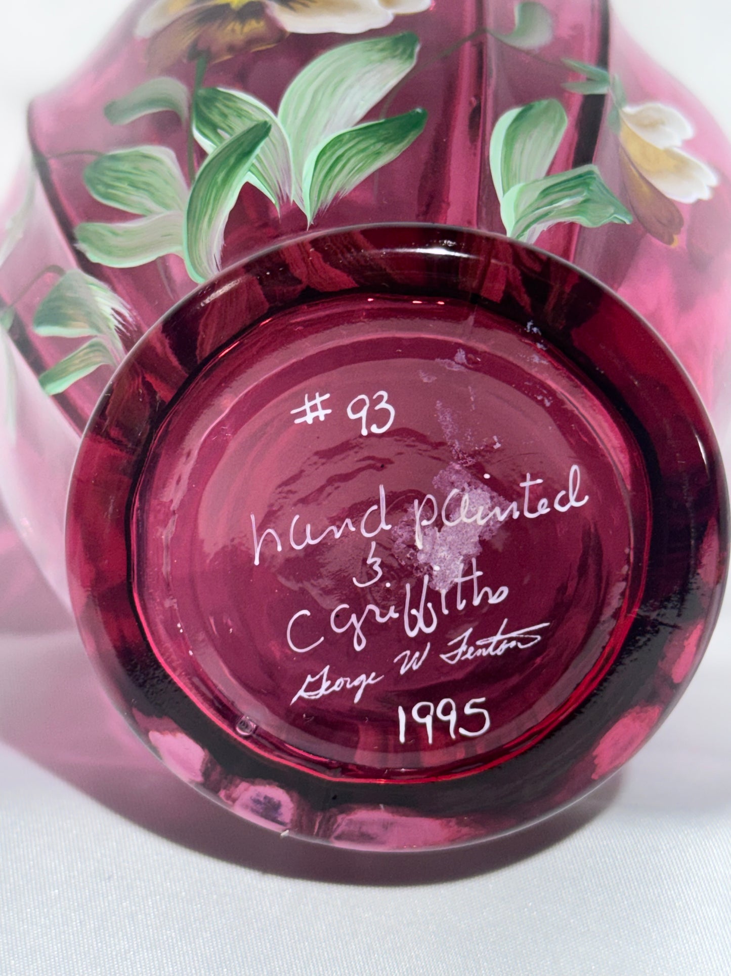 Fenton Cranberry Pansies Hand-Painted Vase – Signed 1995 – #93