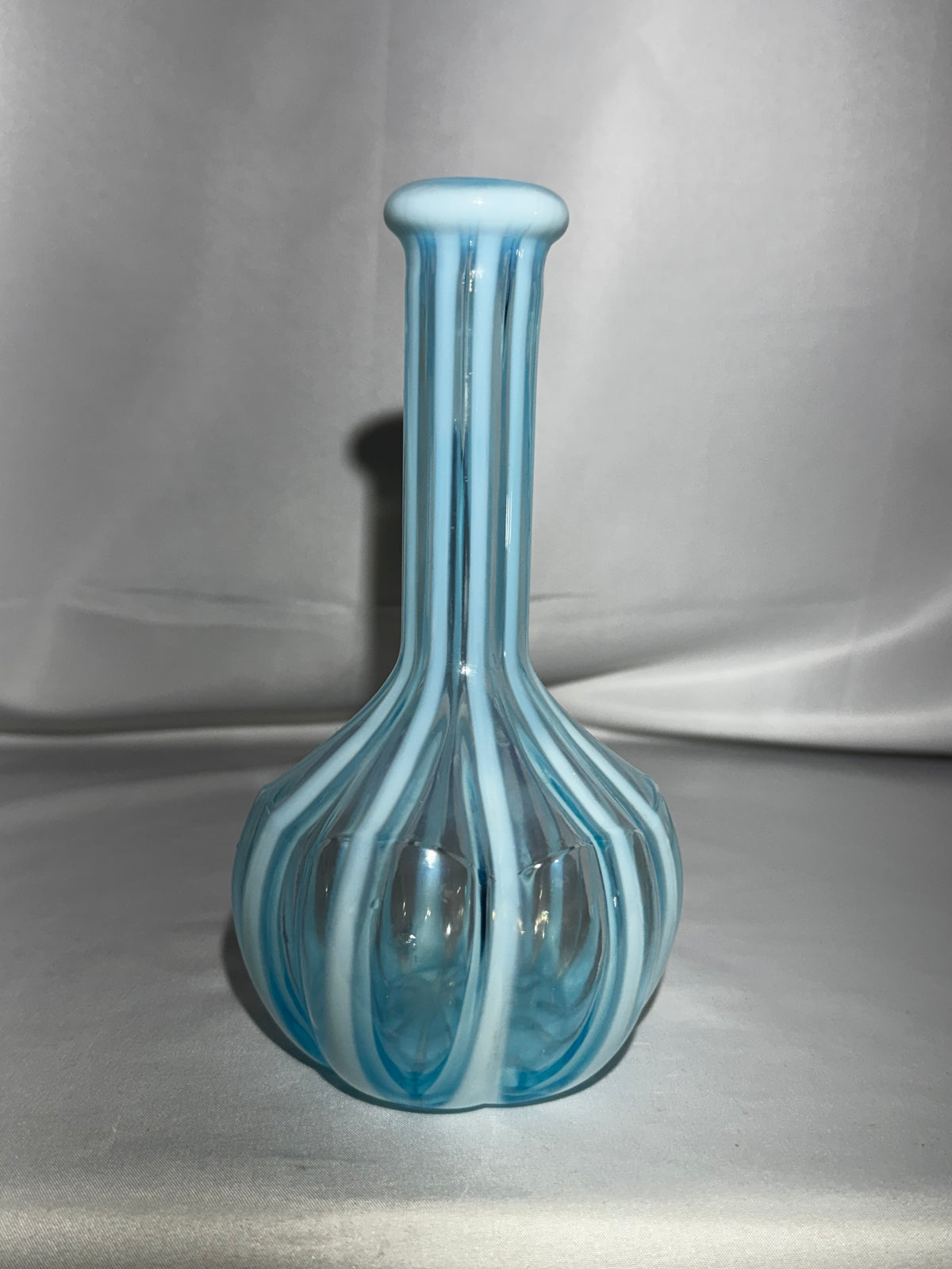 Antique EAPG Blue & White Stripe Barber Bottle Melon Base 7.5”