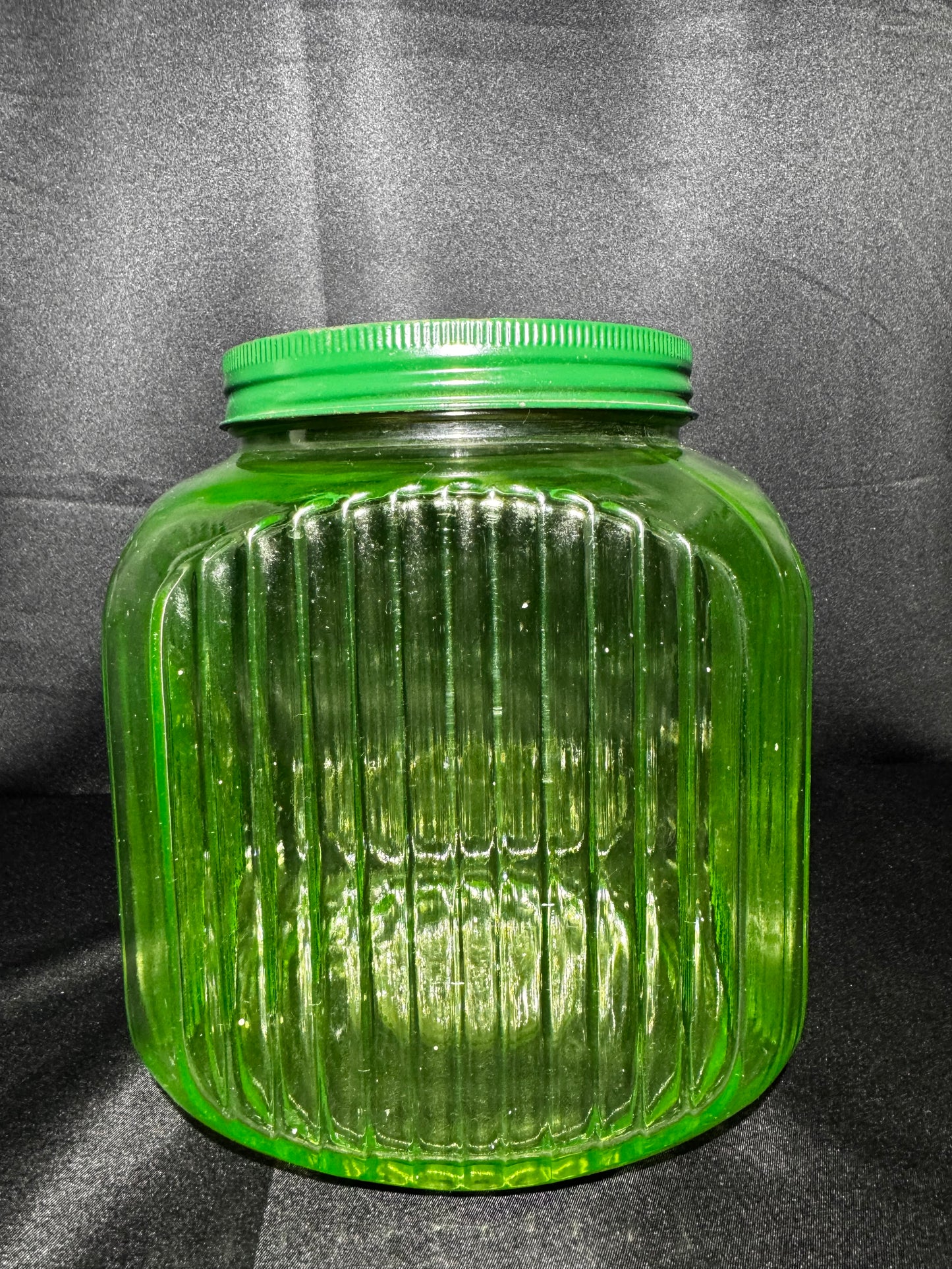 Vintage 1930s Uranium Glass Hoosier Cookie Canister w/ Green Lid & Original Sticker UV Glow