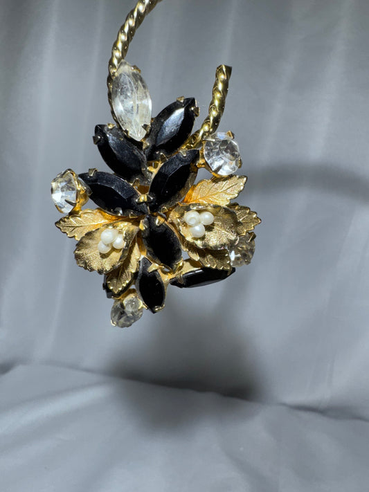 Vintage Weiss Style Black Rhinestone Floral Brooch Faux Pearl Gold Tone Unsigned