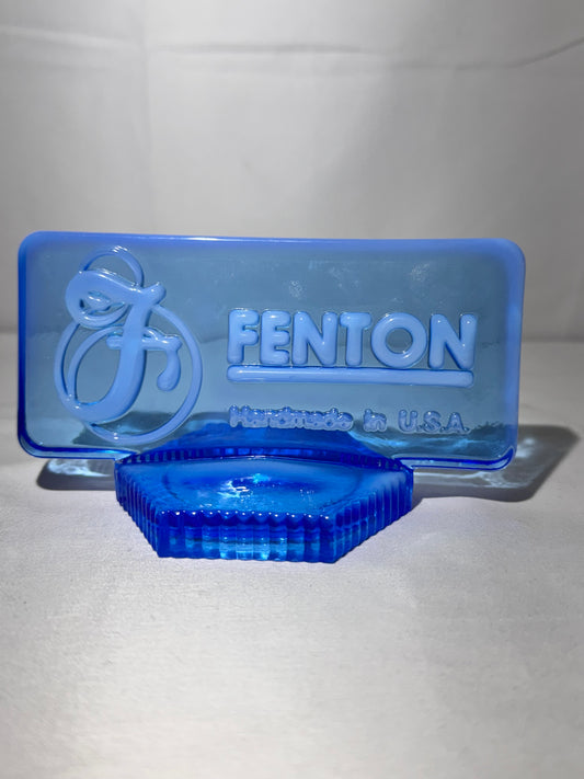 Fenton Blue Glass Logo Display Paperweight – Handmade in the USA – Dealer Point of Sale (1990s)