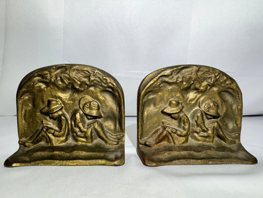 Vintage Art Deco Figural Bookends – Seated Reading Figures – Cast Bronze/Iron – c. 1920s