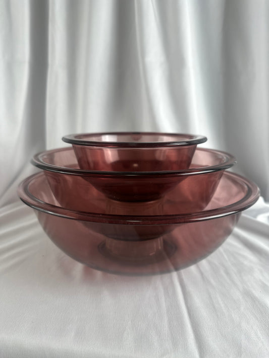 Pyrex Corning cranberry mixing bowls