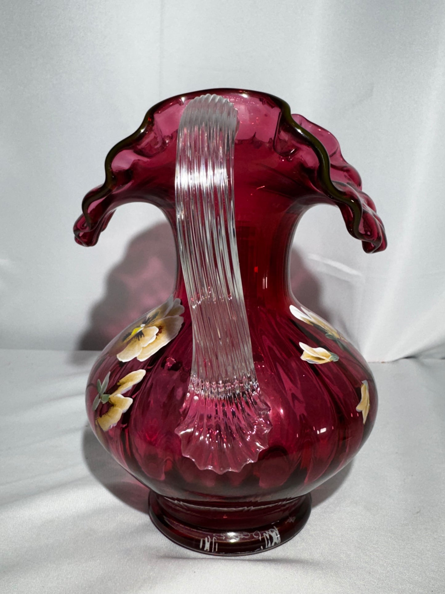 Fenton Art Glass Cranberry Pansy Pitcher 1994 Signed George & Frank M Fenton #279 Hand Painted