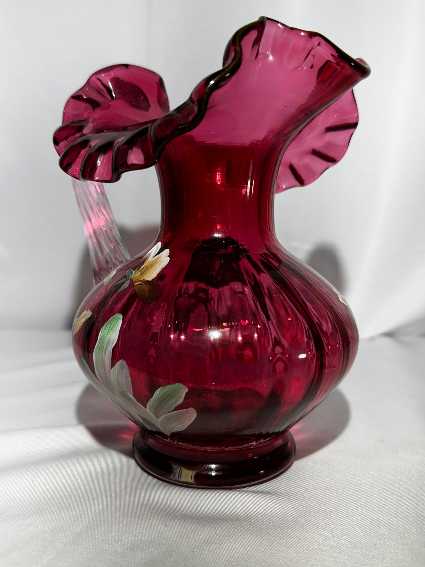 Fenton Art Glass Cranberry Pansy Pitcher 1994 Signed George & Frank M Fenton #279 Hand Painted
