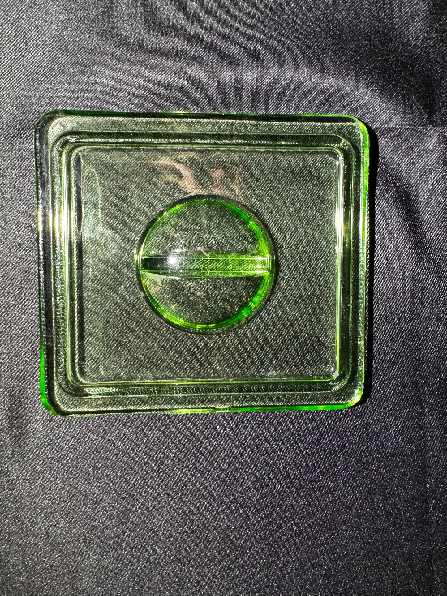 Vintage Hazel Atlas Uranium Glass Refrigerator Dish w/ Lid Green Depression Glass 6”