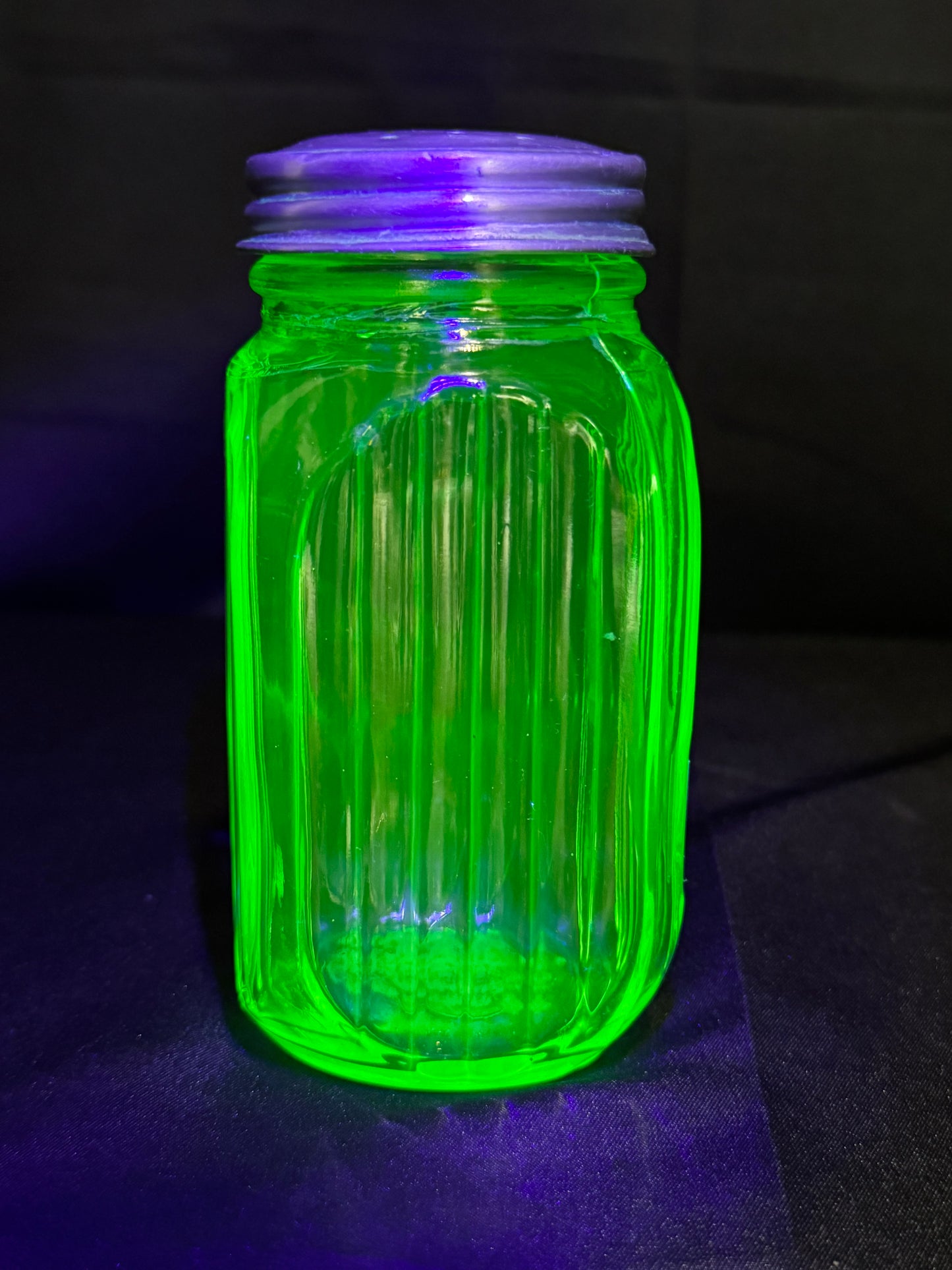 Vintage Anchor Hocking Uranium Glass SUGAR Shaker Ribbed Hoosier Jar w/ Metal Lid