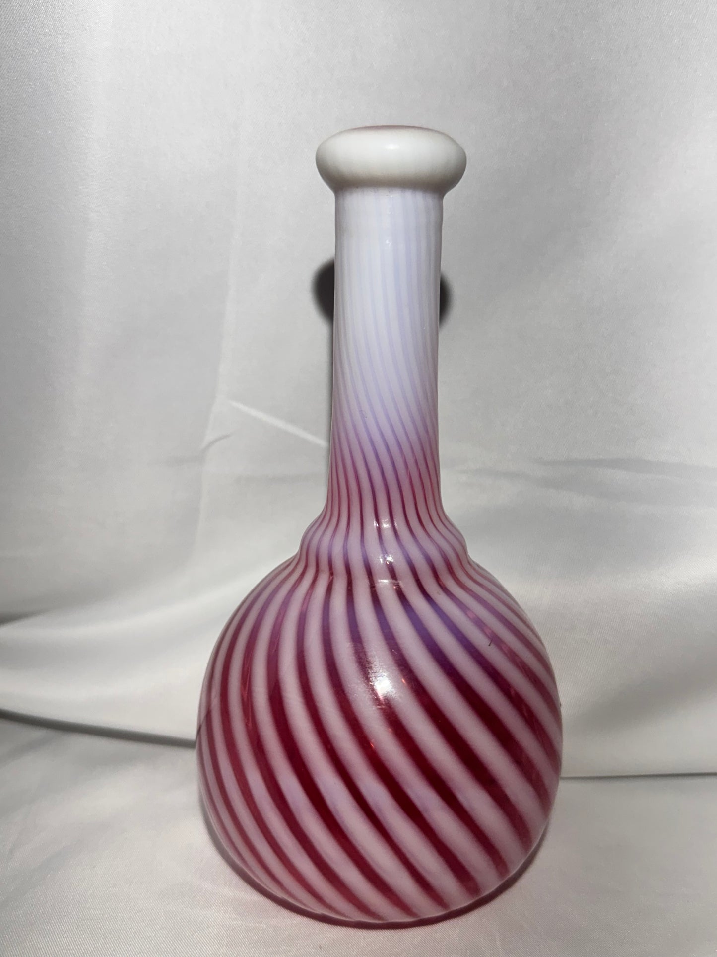 Antique Cranberry Opalescent Barber Bottle – Pronounced White Swirl & Defined Collar