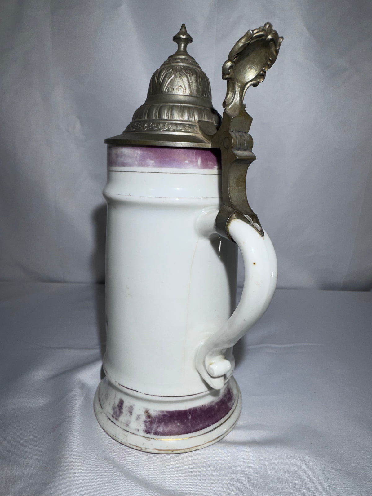 Antique 1800’s German Beer Stein Pewter Hinged Lid Tavern Scene Lithophane Base