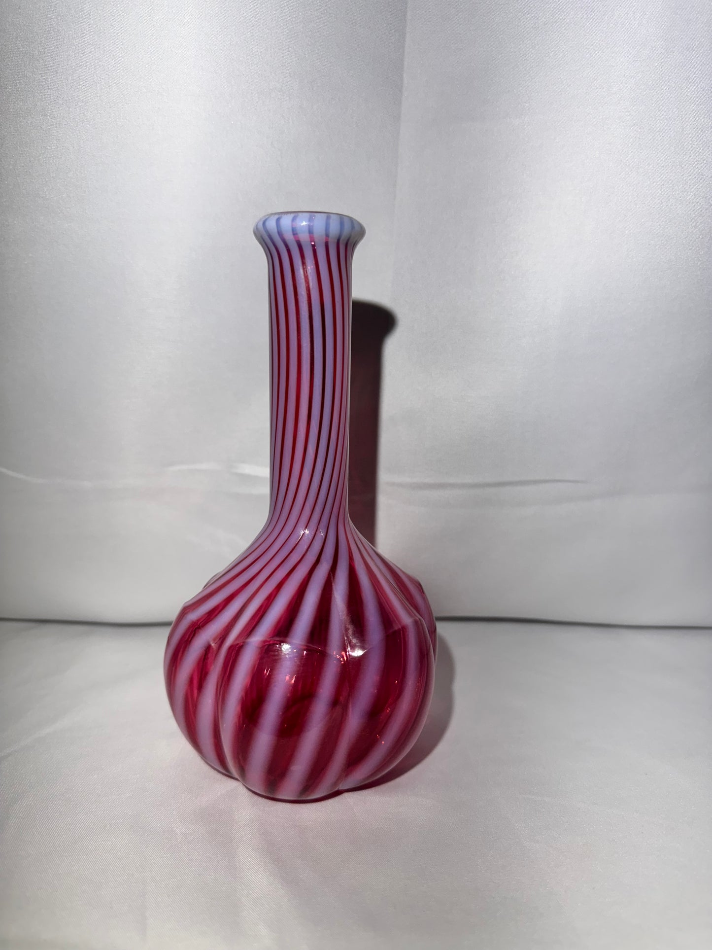 Cranberry Opalescent Barber Bottle – Melon Base Spiral Optic Glass
