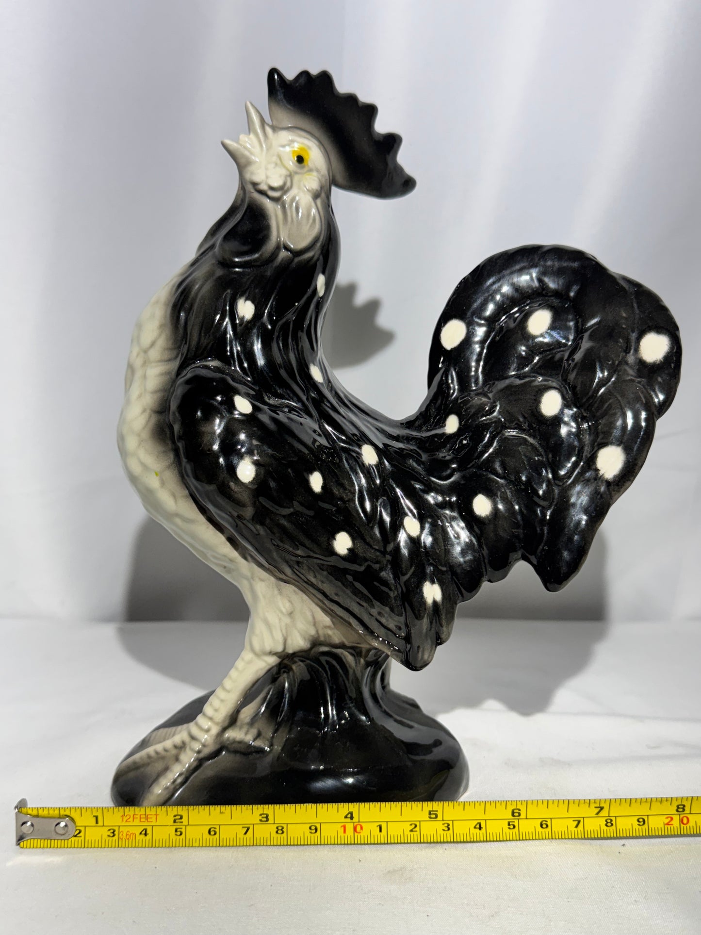 Black & White Polka Dot Rooster Ceramic Figurine – 9.5” Tall