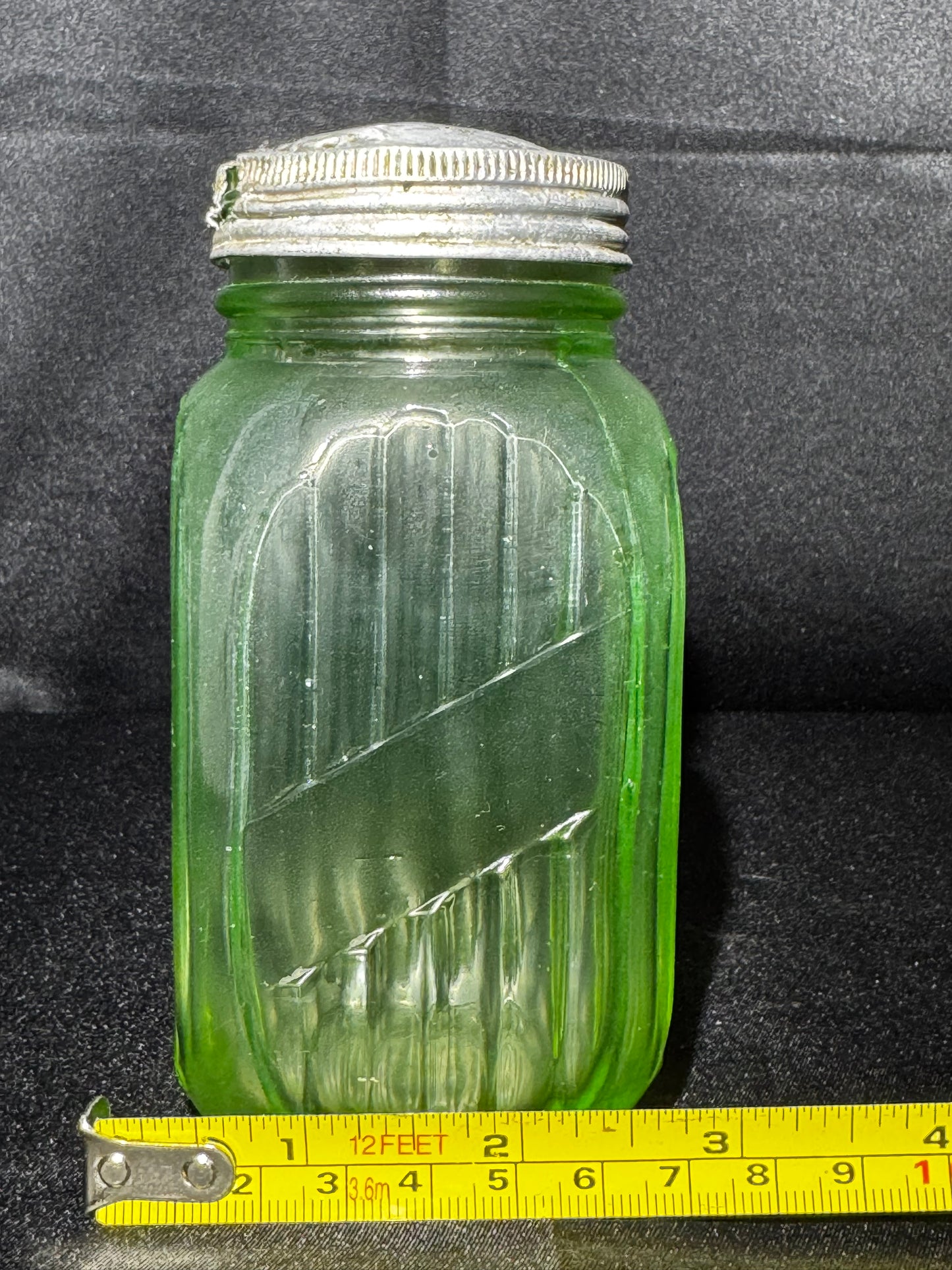 Vintage Anchor Hocking Uranium Green Glass Shaker Ribbed Hoosier Cabinet Jar w/ Metal Lid UV Glow