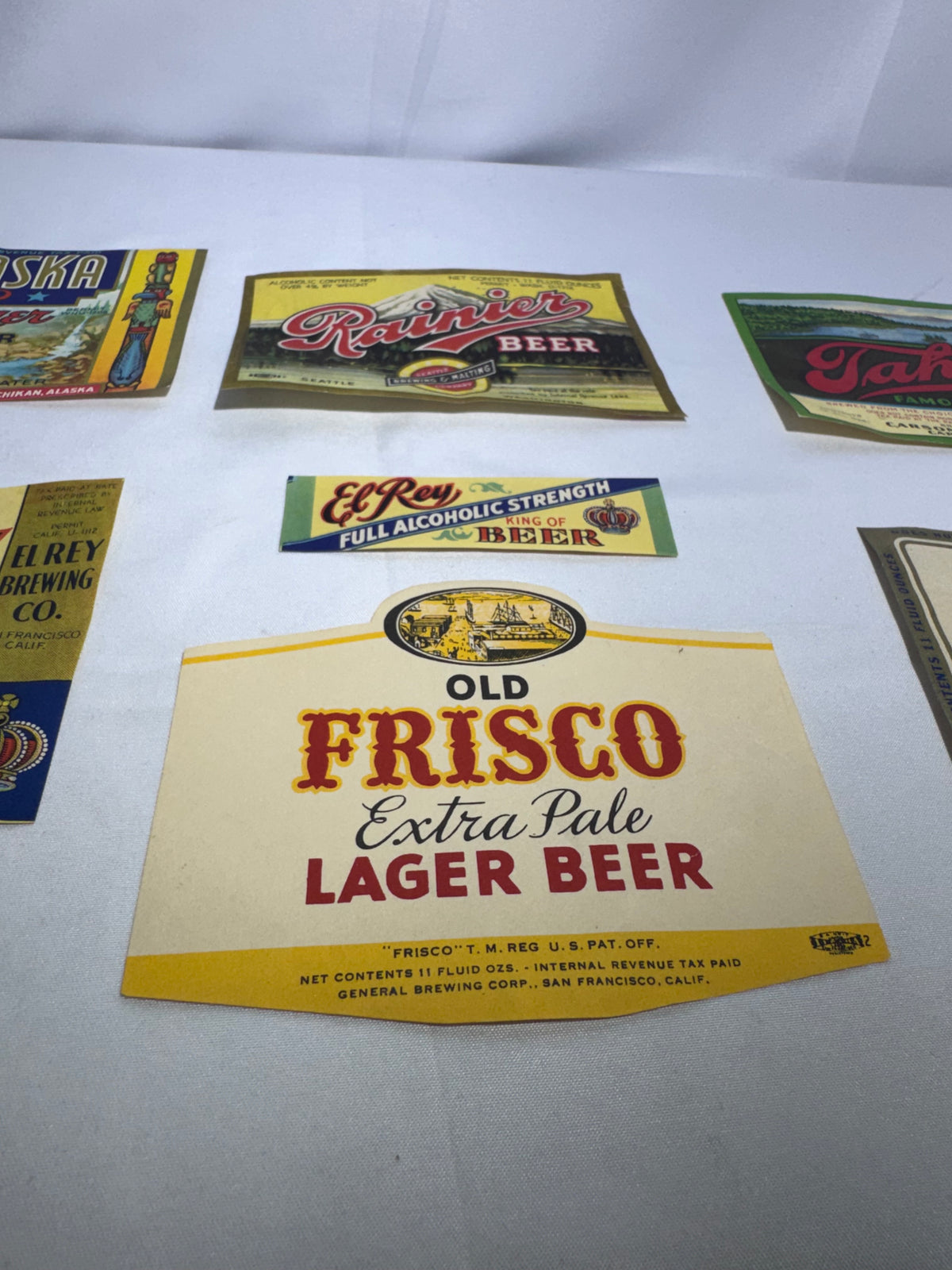 Vintage Beer Labels – Alaskan, El Rey, Rainier, Old Frisco, Tahoe & Victory – 7-Piece Collection