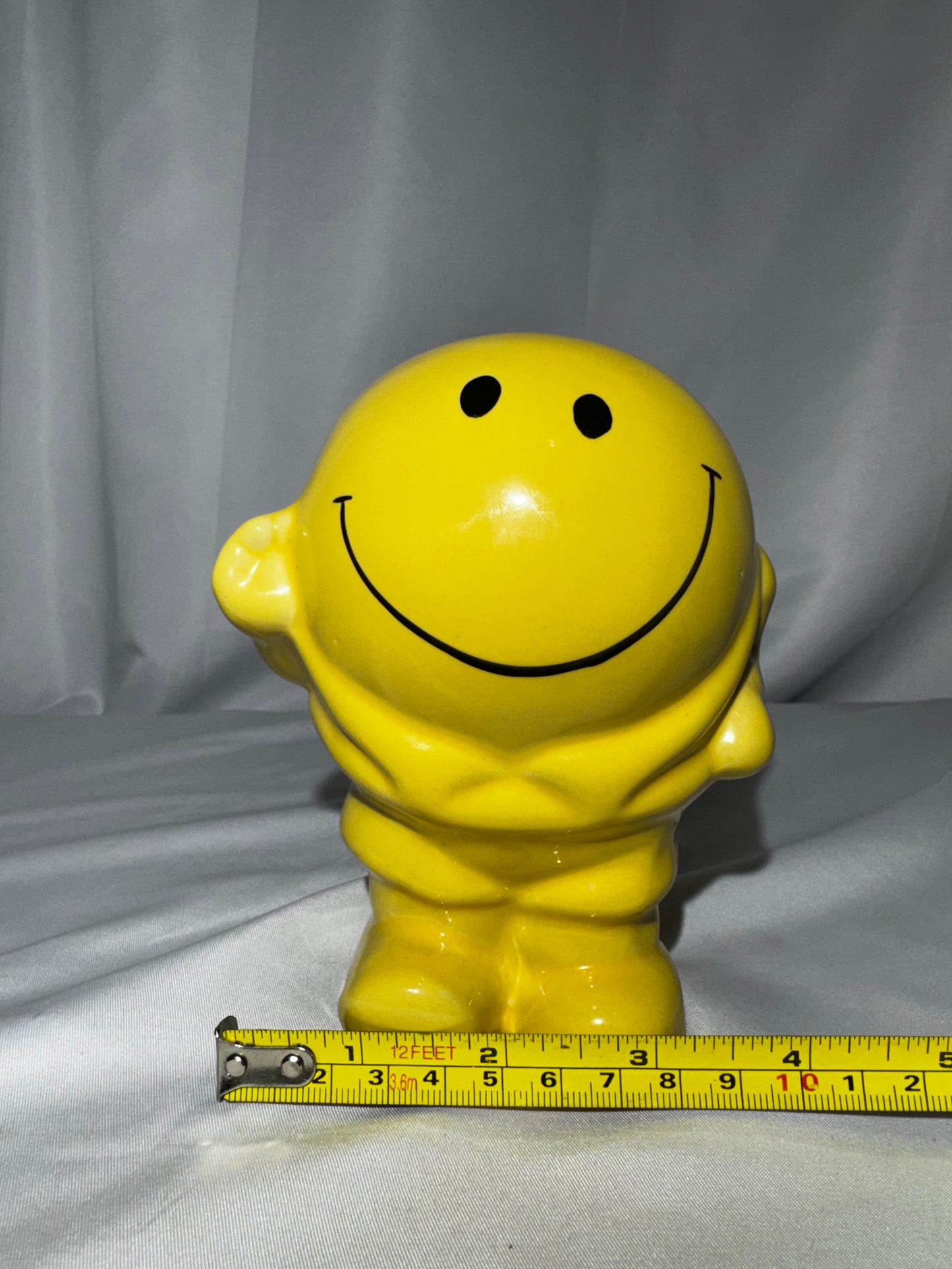 Vintage 1970s Yellow Smiley Face Man Ceramic Piggy Bank Coin Bank Retro Happy Face 5.5”