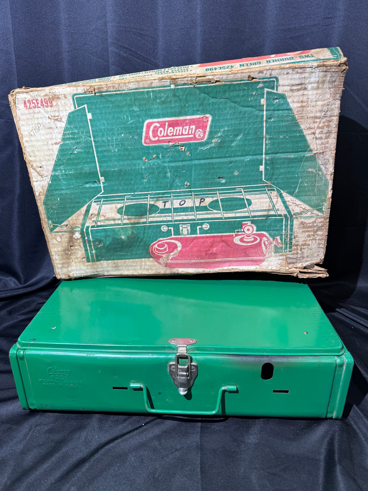 Vintage 1974 Coleman 425E499 Two-Burner Liquid Fuel Camp Stove with Original Box