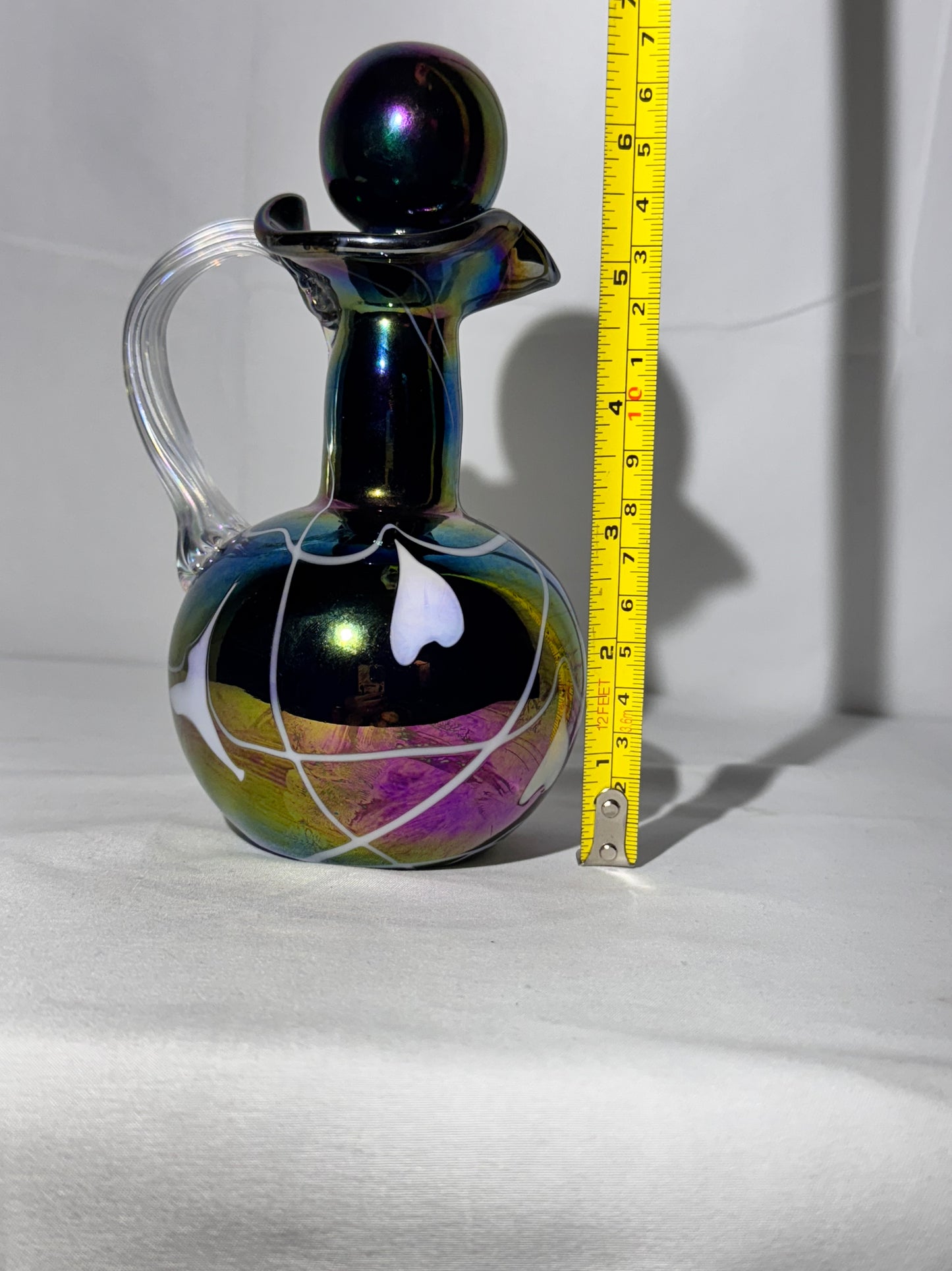 Fenton “Hanging Hearts” Iridescent Glass Cruet with Clear Handle & Iridescent Stopper