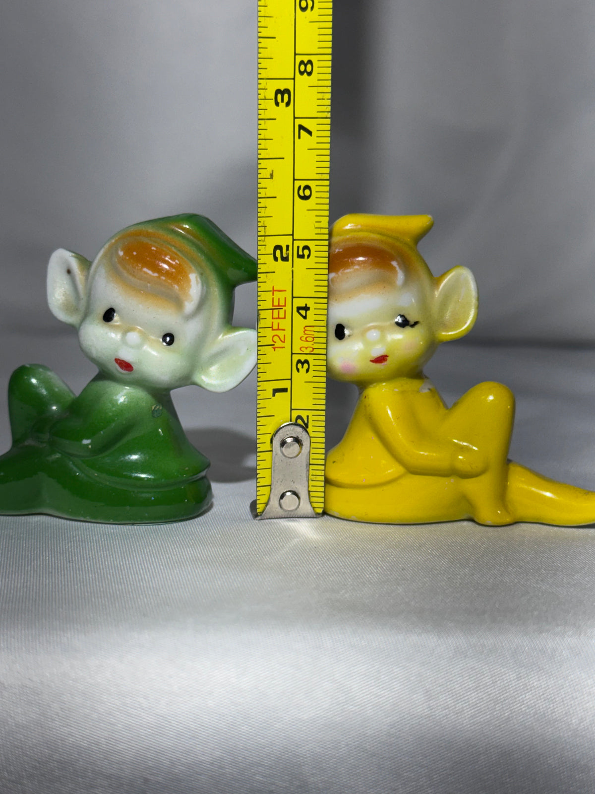 Vintage Japan Ceramic Pixie Elf Figurines Pair – 1950s – Green & Yellow Knee-Hugger Shelf Sitters