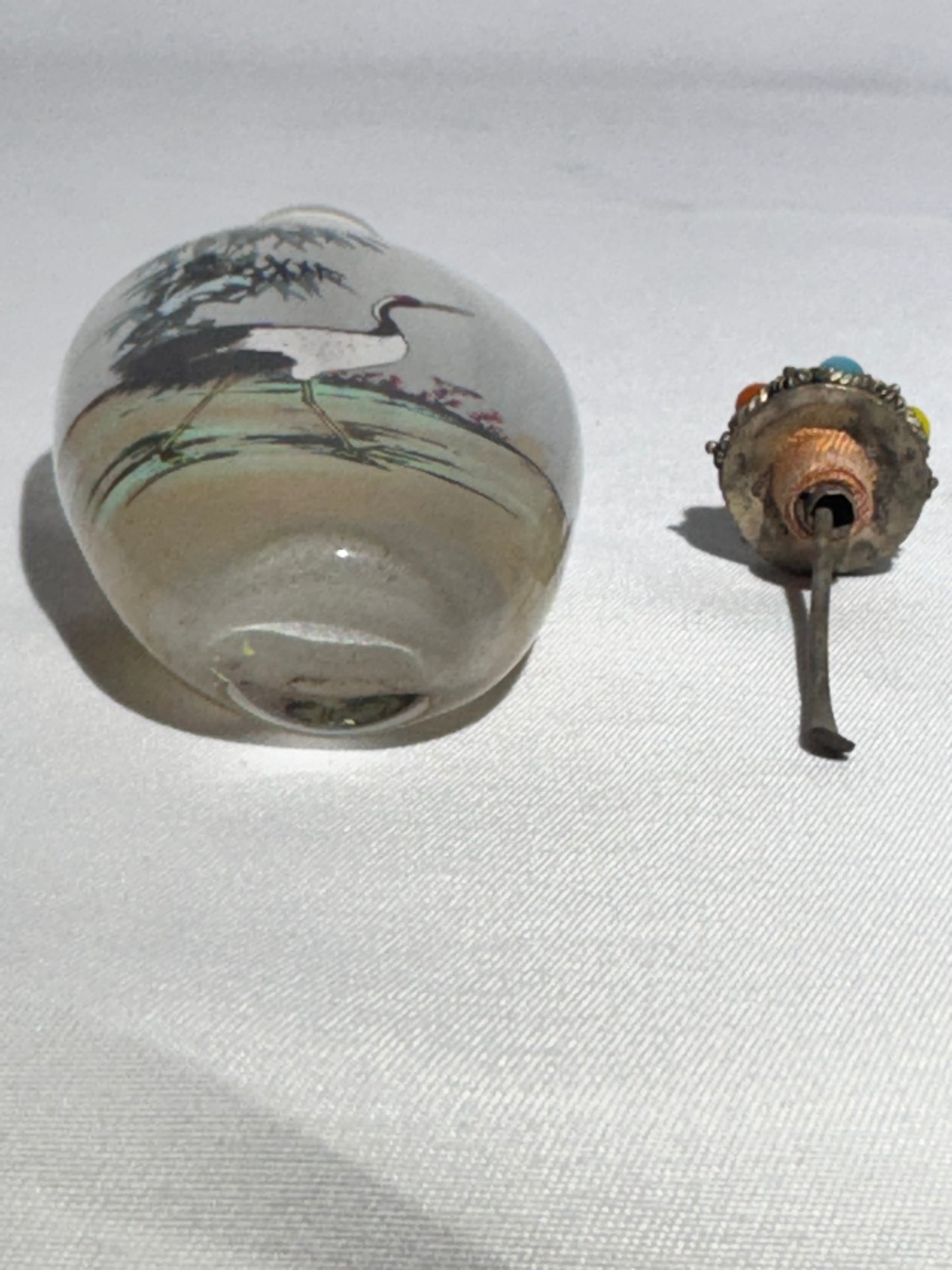 Antique Chinese Inside Painted Glass Snuff Bottle – Dual Crane Design – Jeweled Metal Topper