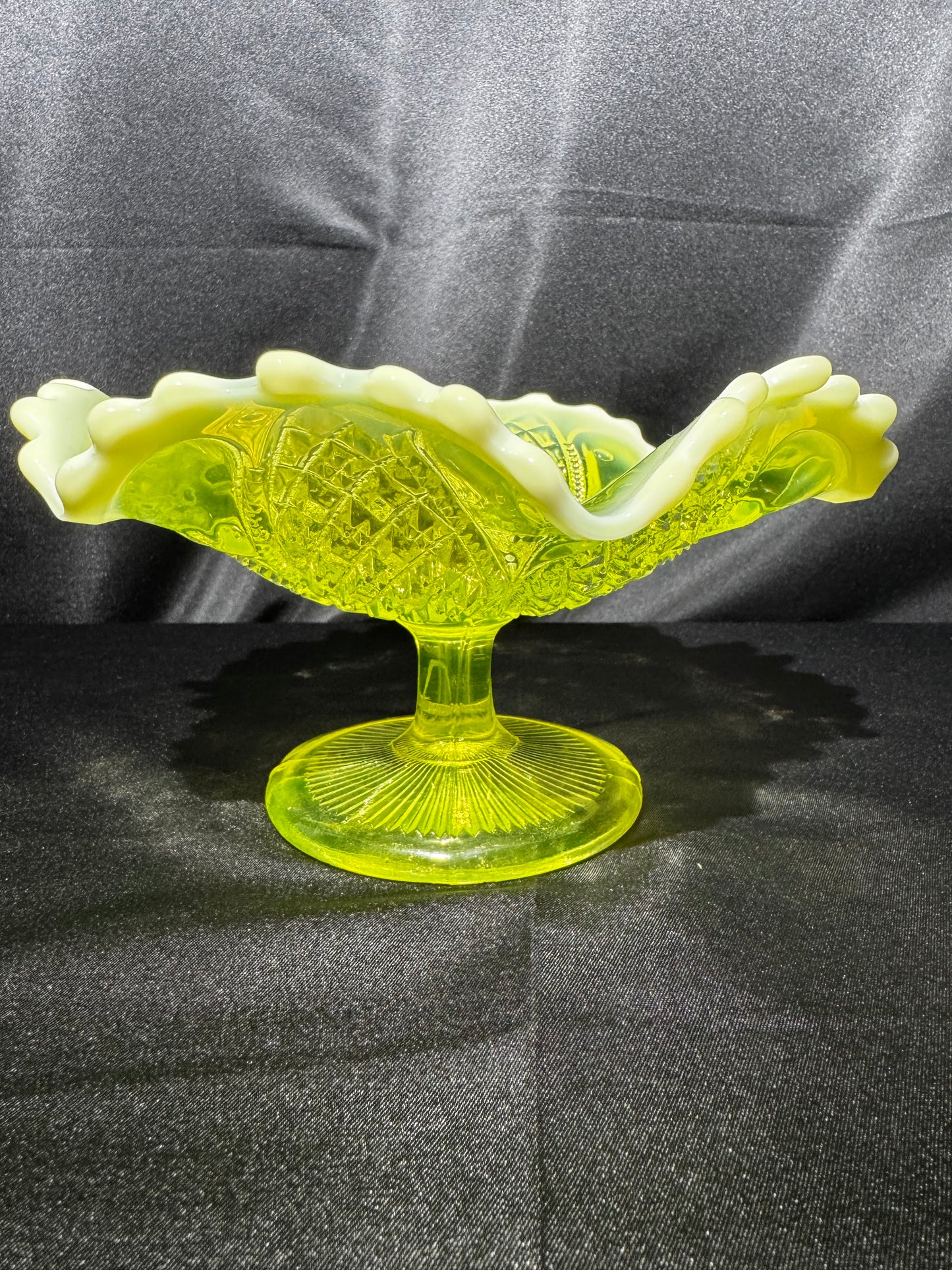 Victorian Davidson Uranium Glass Compote Bowl Queen’s Crown Primrose Pearline Opalescent Rim