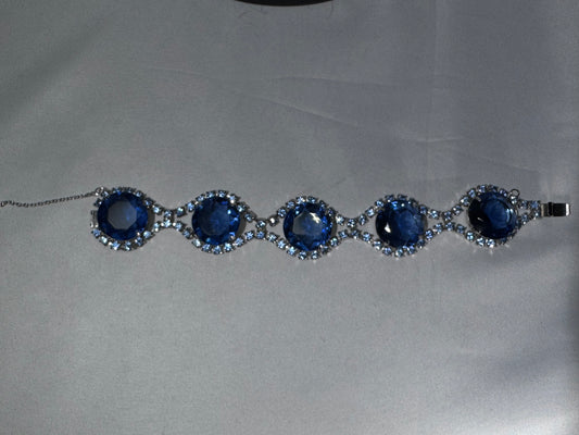 Vintage 1950s-60s Blue Rhinestone Link Bracelet Silver Tone Sapphire Glass