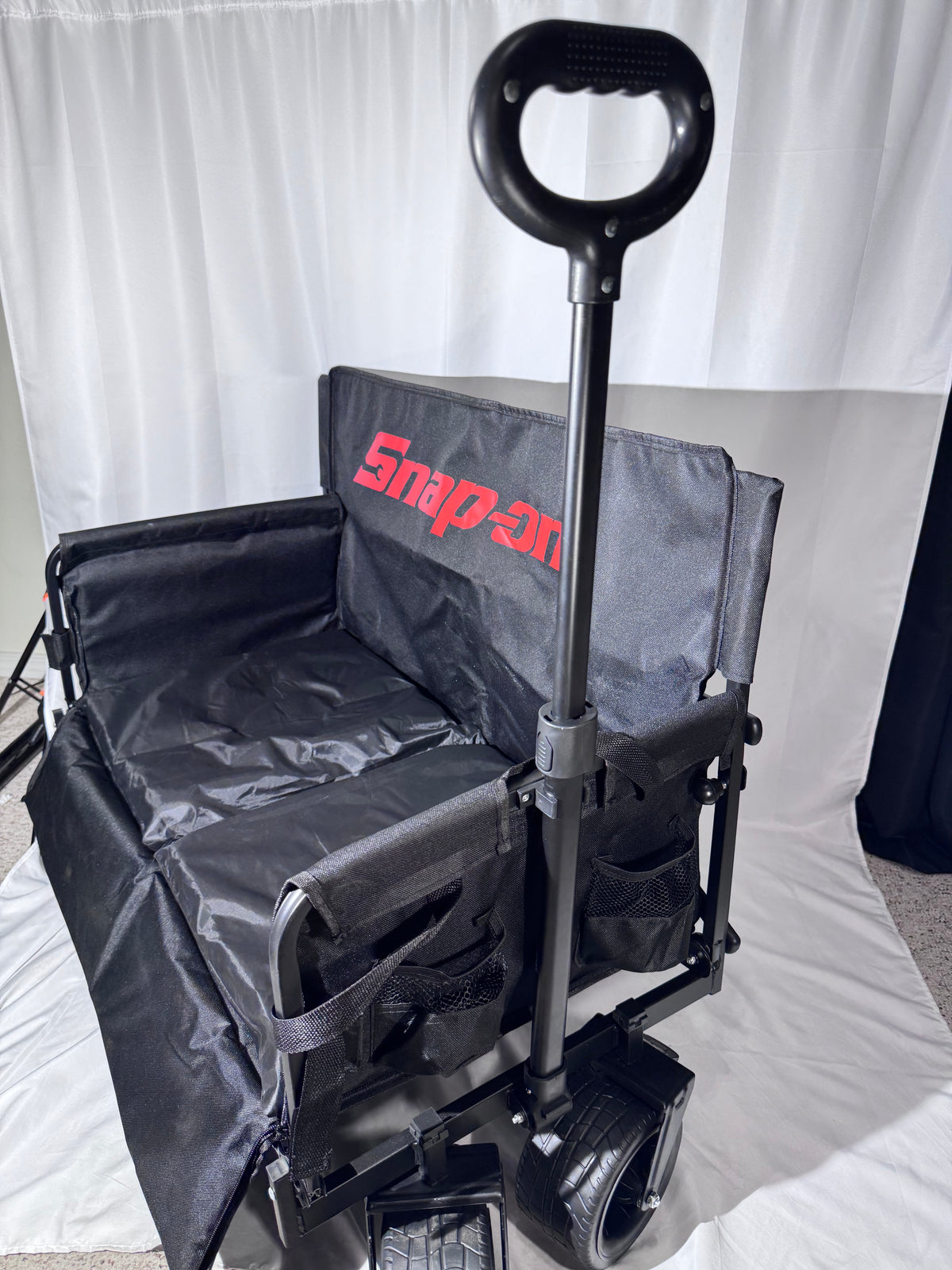 Snap-on Black Collapsible Utility Beach Wagon with Built-In Bench Seat – Foldable Travel Wagon