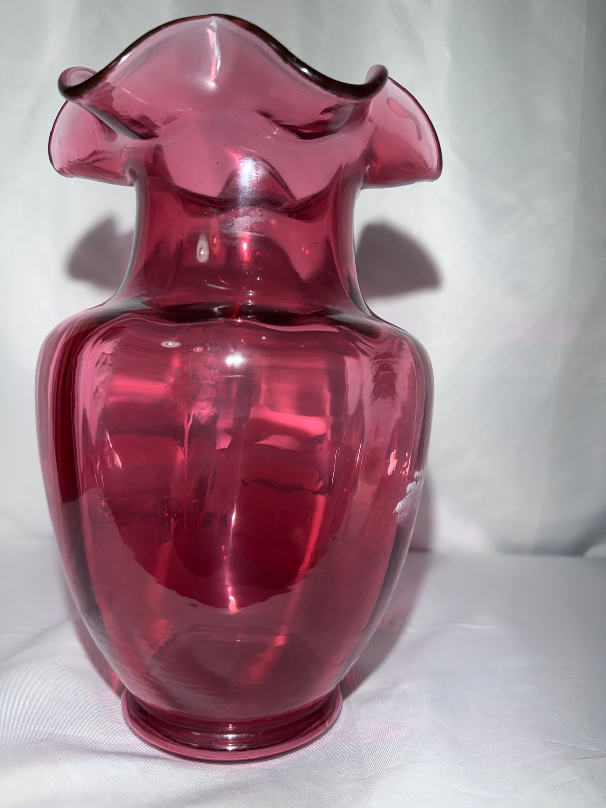 Fenton Cranberry Glass Mary Gregory-Style Hand-Painted Tea Party Ruffled Rim 10” Vase – Limited Edition #1783/2350