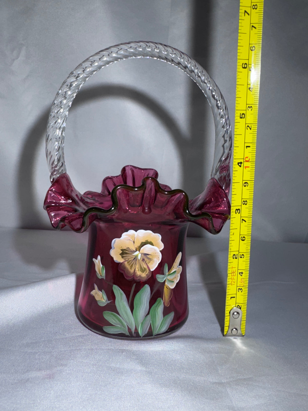 Vintage Fenton Cranberry Art Glass Basket – Hand-Painted Pansies – Ruffled Rim -signed P.Lane