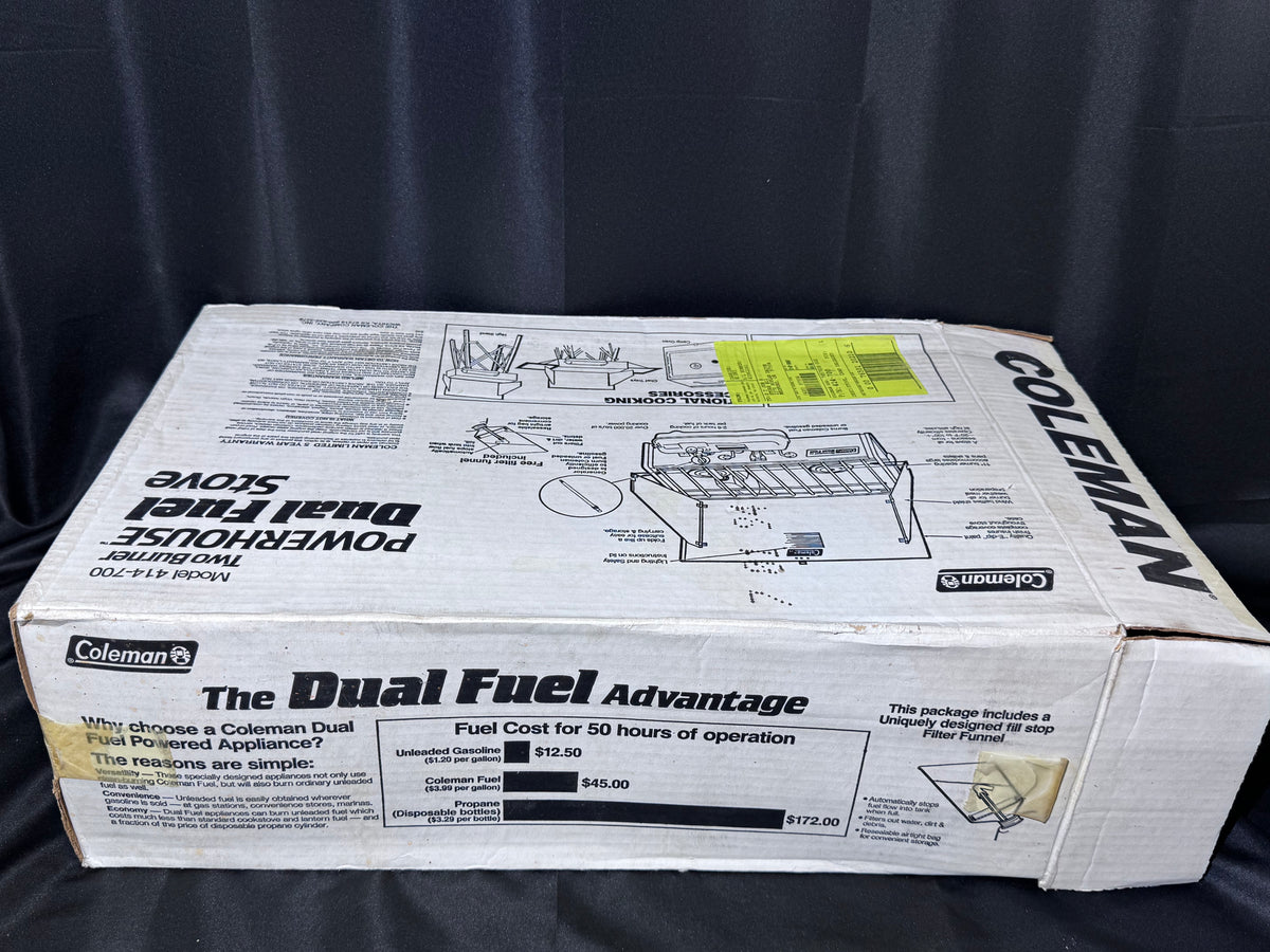 Vintage Coleman 414-700 Powerhouse Dual Fuel 2-Burner Camp Stove – Original Box – May 1994