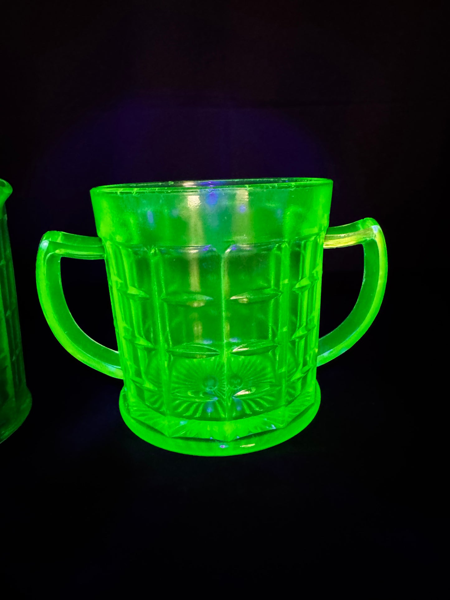 Vintage Hazel Atlas Colonial Block Green Uranium Depression Glass Creamer & Sugar Set