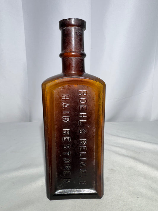 Vintage Amber Glass Apothecary Bottle Roehl’s Reliable Hair Restorer Embossed Antique