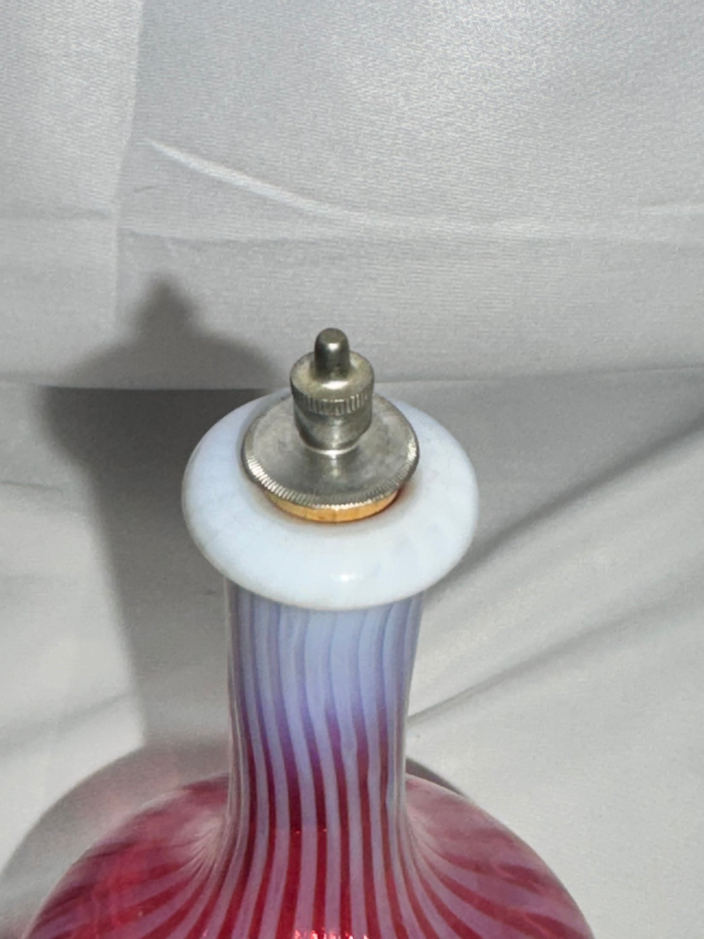Antique Cranberry Opalescent Striped Barber Bottle w/ Stopper