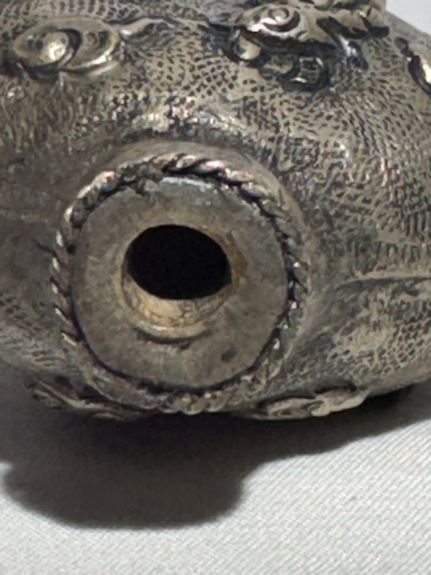 Antique Chinese Snuff Bottle – Repoussé Phoenix & Floral Motif – Hammered Metal Design