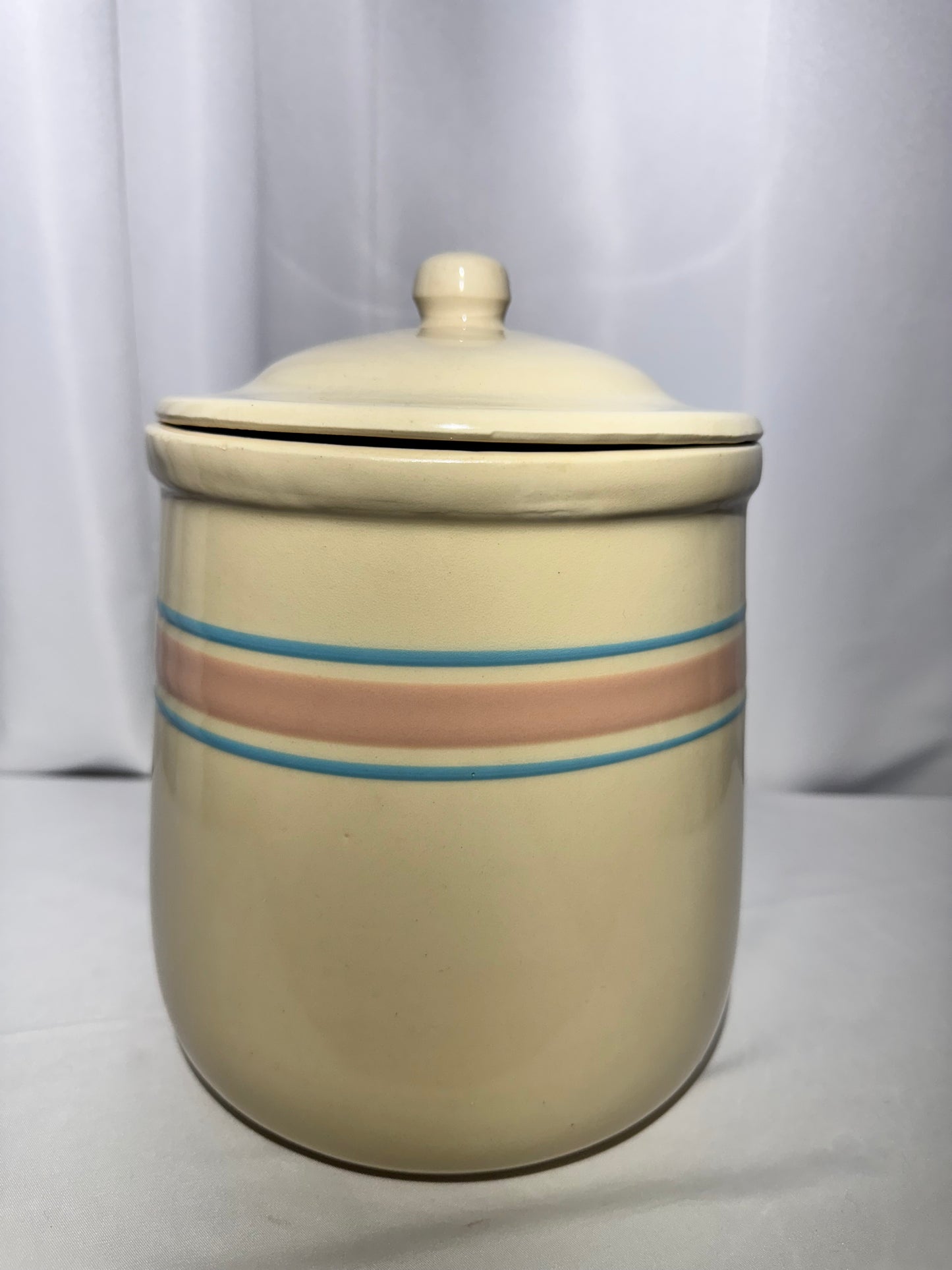 Vintage McCoy Pottery Stonecraft Kitchen Hamper Canister – #133 – Pink & Blue Stripes – USA