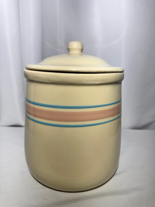 Vintage McCoy Pottery Stonecraft Kitchen Hamper Canister – #133 – Pink & Blue Stripes – USA