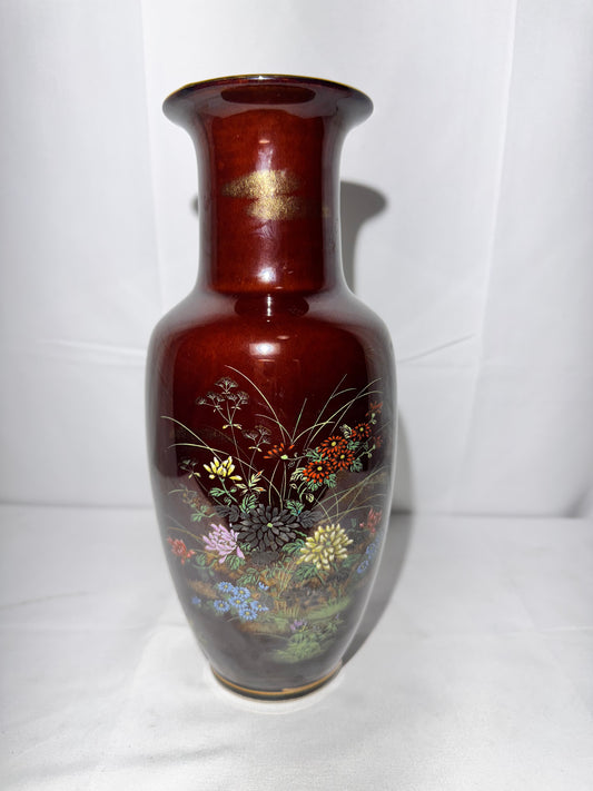 Vintage Hand Painted Vase – Brown Floral Design with Quail – Made in Hong Kong – 10” Tall – Gold Trim