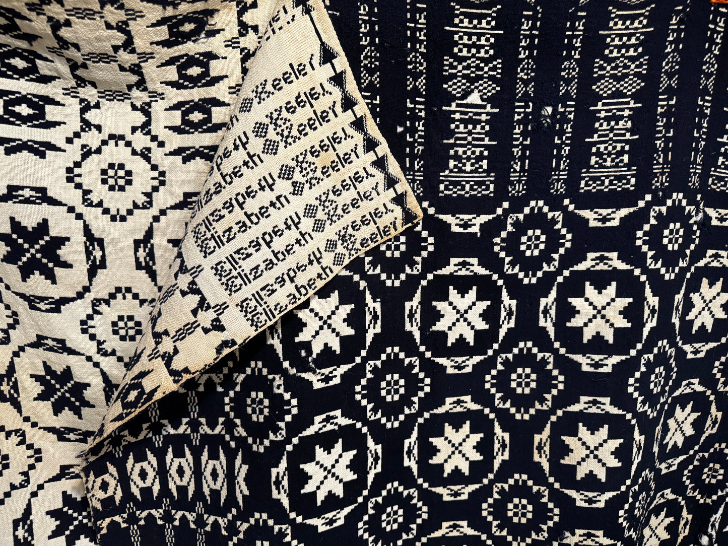 Early 1800s Handwoven Reversible Coverlet – Indigo & Cream – “Elizabeth KEELER” Signed Textile