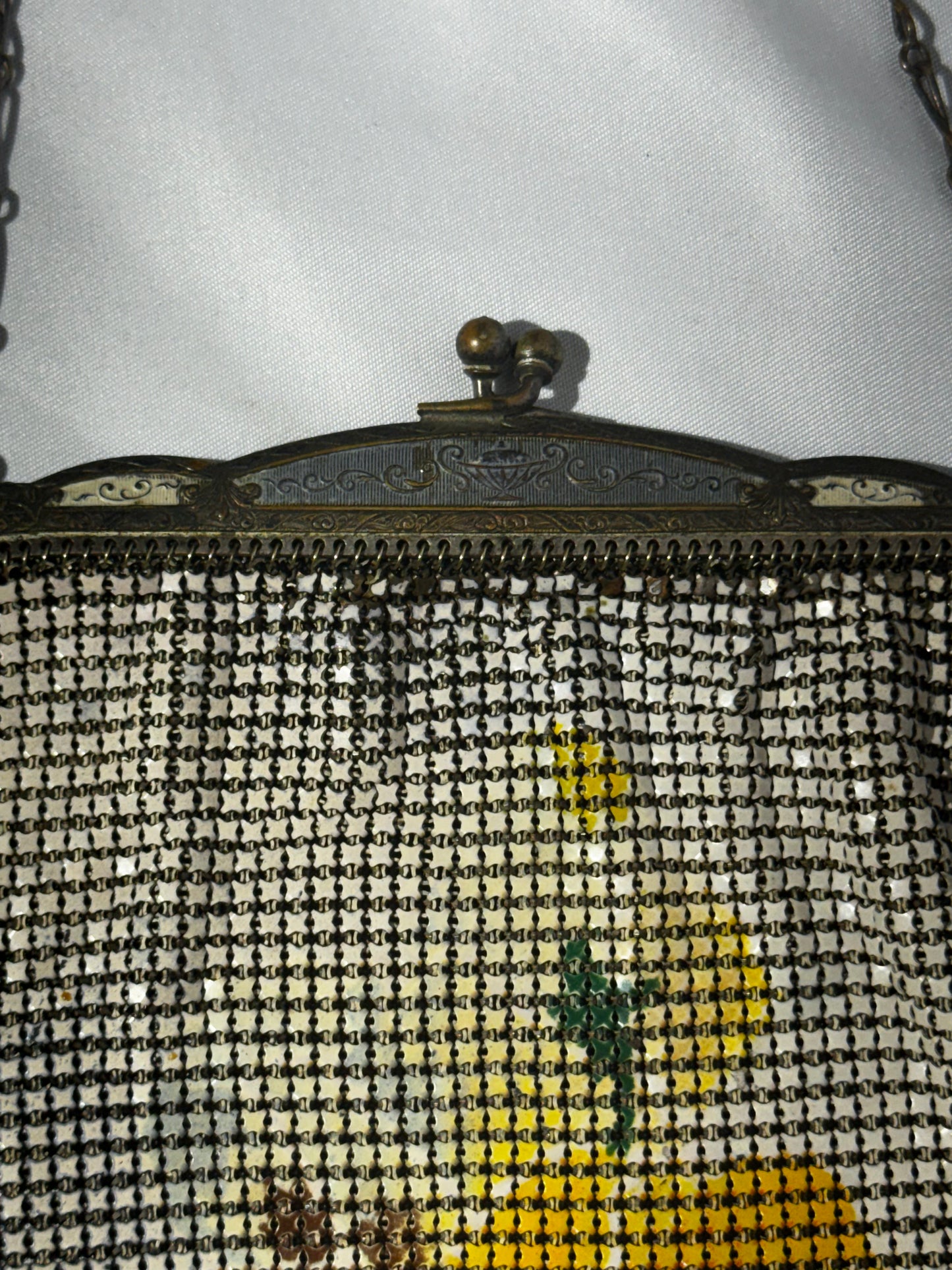 Vintage Whiting & Davis Art Deco Enameled Mesh Purse Sunflower Design 1920s Chain Handle