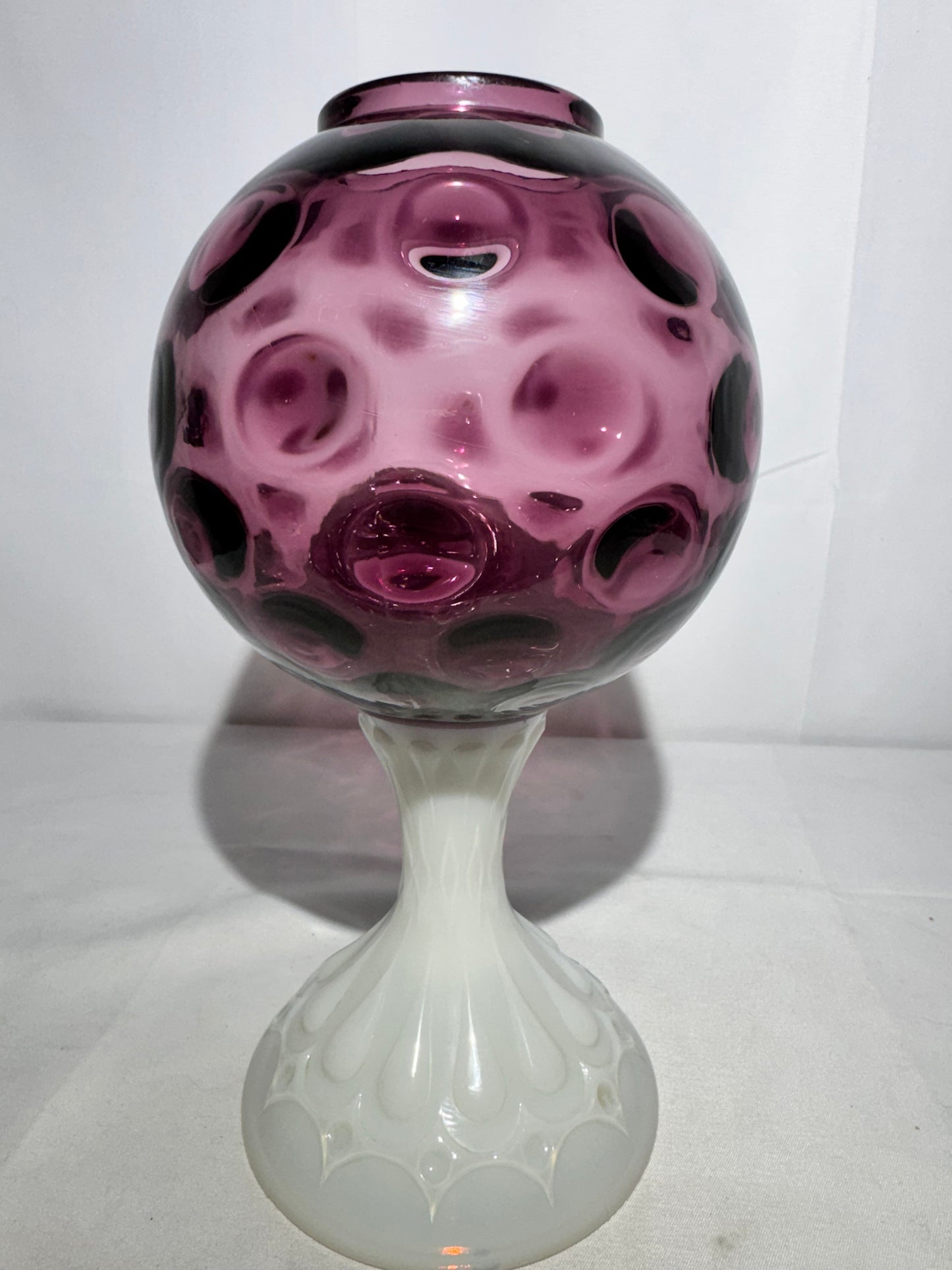 Fenton Coin Pedestal Ivory Ball / Rose Bowl – Amethyst & Milk Glass