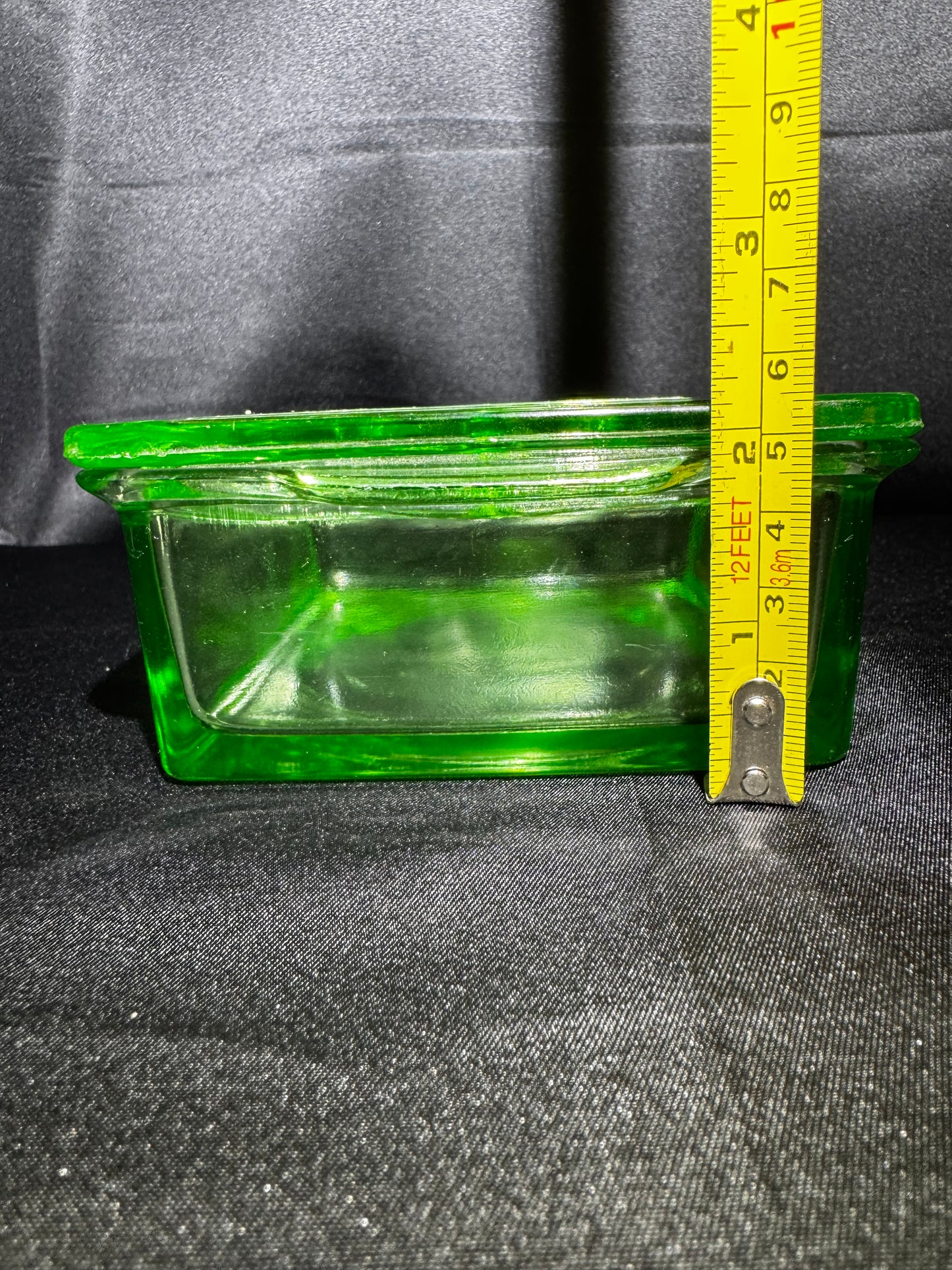 Vintage Hazel Atlas Uranium Glass Refrigerator Dish w/ Lid Green Depression Glass 6”