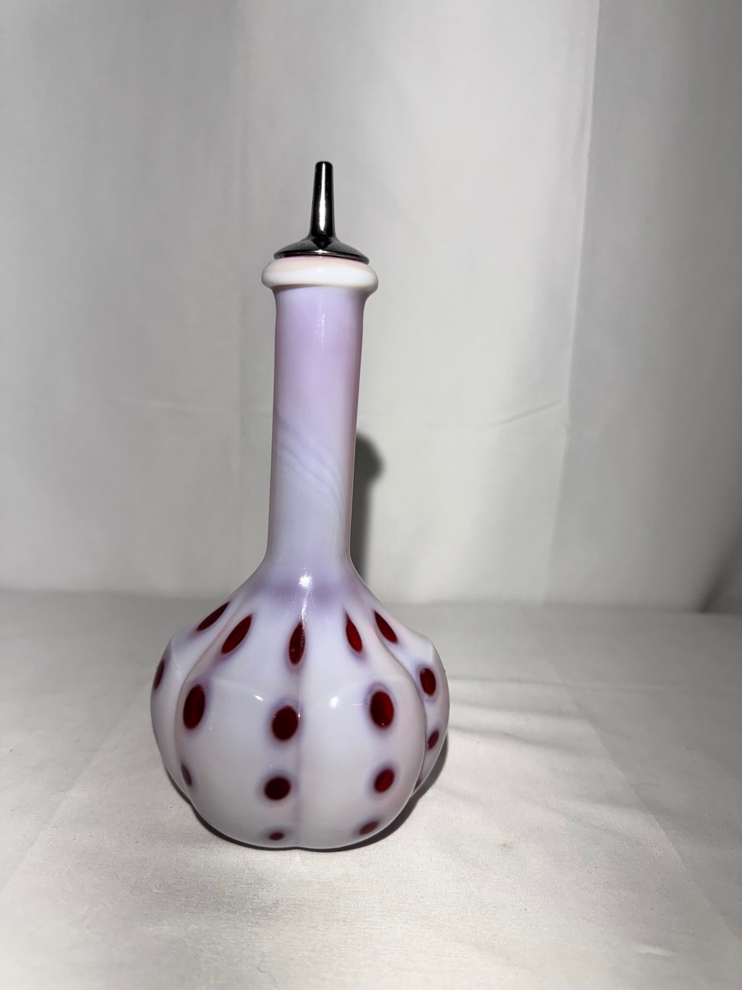 Vintage Barber Bottle – White & Cranberry Coin Pattern with Original Topper