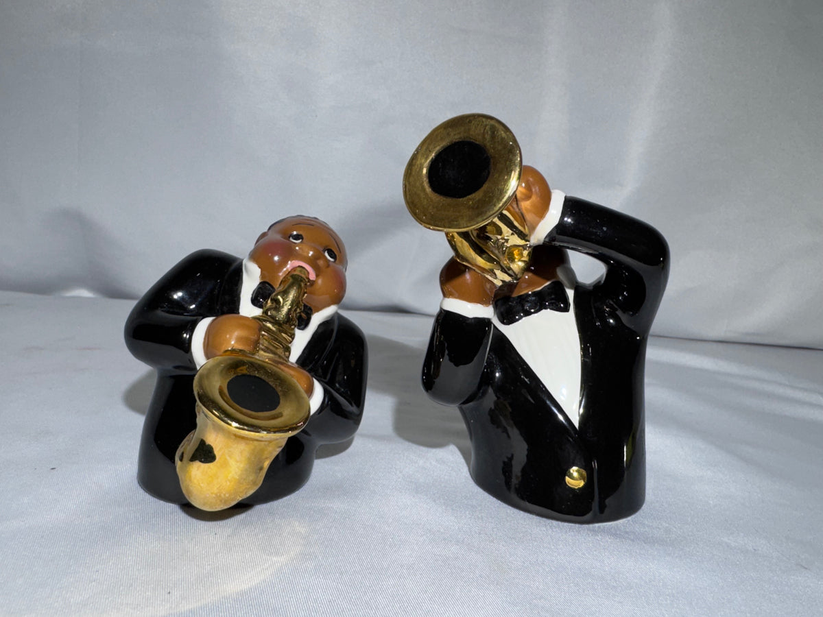 Jazz Musicians Salt and Pepper Shakers – Ceramic Saxophone & Trumpet Players – 1996 Clay Art