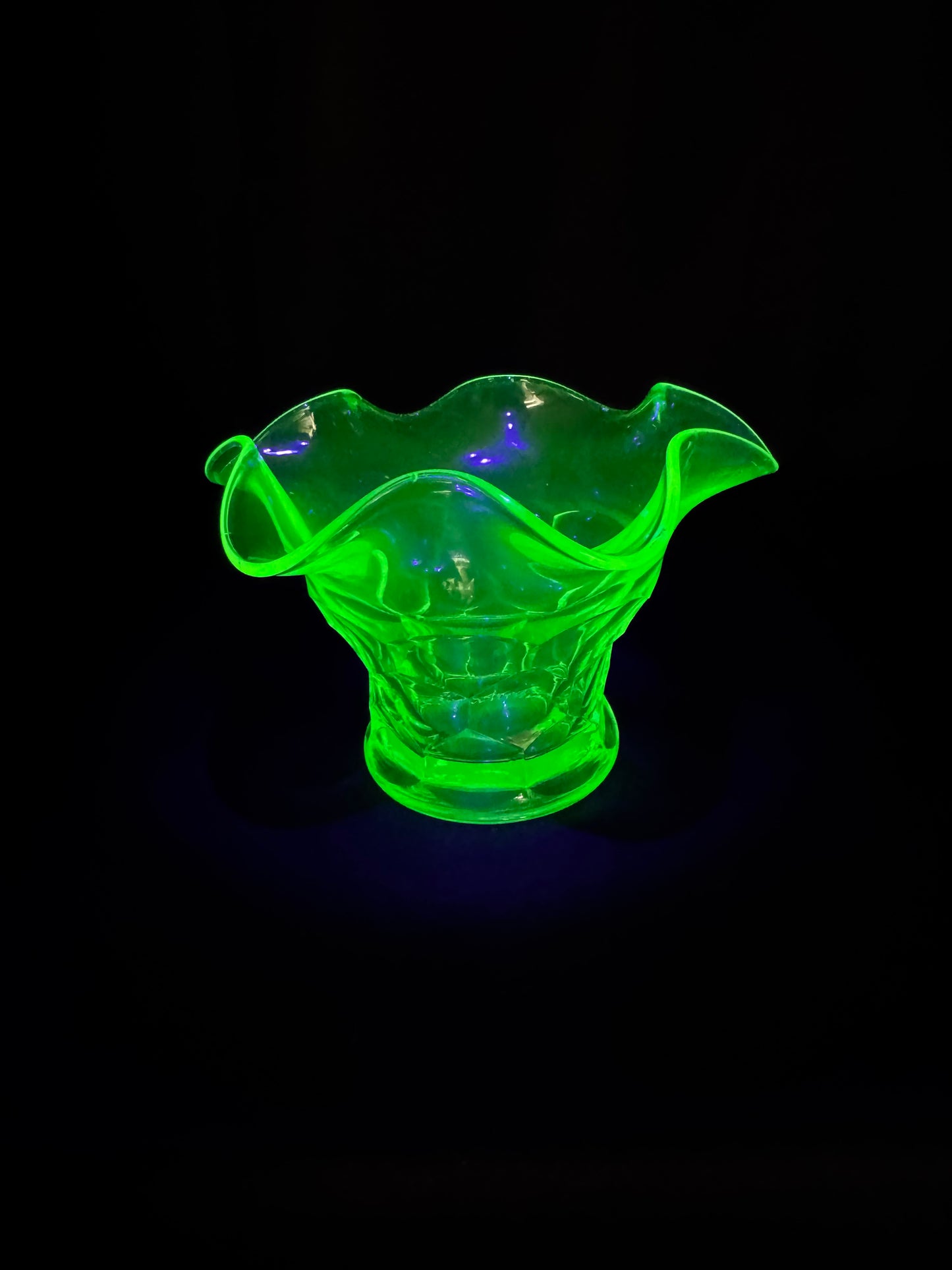 Vintage Uranium Glass Ruffled Bowl Vase Green Vaseline Glass UV Reactive 5.5”